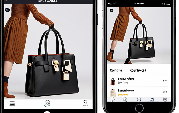 **Prompt:** A sleek e-commerce app interface displaying AI-powered visual search. A user takes a photo of a stylish handbag. The app instantly shows similar handbags from different brands, along with customer reviews and price comparisons, all on a modern smartphone screen. The interface uses a trendy, minimalist design with a focus on easy navigation.
